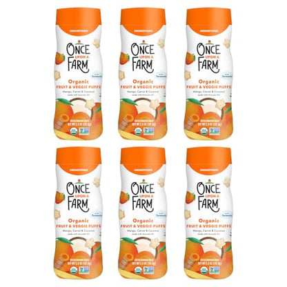 Once Upon A Farm Mango, Coconut & Carrot Puffed Sorghum Snack, Fruit & Veggie Puffs, Non GMO, 1.5 Ounces (Pack Of 6)