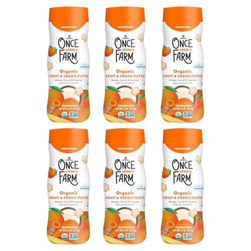 Once Upon A Farm Mango, Coconut & Carrot Puffed Sorghum Snack, Fruit & Veggie Puffs, Non GMO, 1.5 Ounces (Pack Of 6)