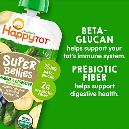 Happy Tot Organics Stage 4 Baby Food Pouches, Gluten Free, Vegan Snack, Super Bellies, Fruit & Veggie Puree, Banana, Spinach & Blueberries 4 Ounce (Pack of 16)