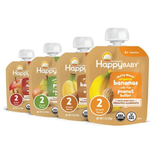 Happy Baby Organics Stage 2, Baby Food Pouches, Gluten Free, Vegan Snack, Nutty Blends, Fruit & Nut Butter Variety Pack (Pack of 8)