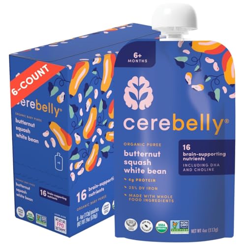 Cerebelly Organic Baby Food Pouches – Organic Butternut Squash White Bean Purees for Toddlers | No Added Sugar, Fiber, Non-GMO | Blended Puree Pouches | 4oz BPA-Free Baby Food |6 Pack
