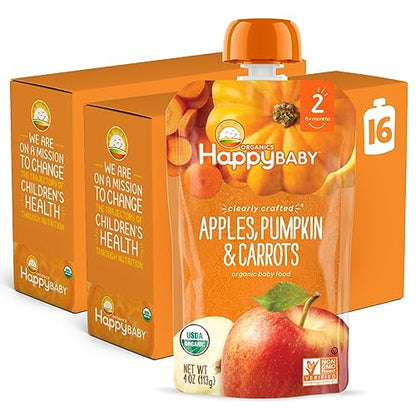 Happy Baby Organics Stage 2 Baby Food Pouches, Gluten Free, Vegan & Healthy Snack, Clearly Crafted Fruit & Veggie Puree, Apples, Pumpkin & Carrots, 4 Ounces (Pack of 16)