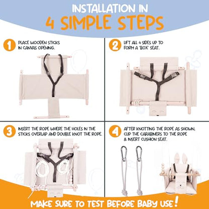 Indoor Outdoor Baby Swing with 3-Point Harness and Hardware for Ceiling, Porch, Doorway, Canvas Baby Swing Outdoor Toddler Swing Seat Beige