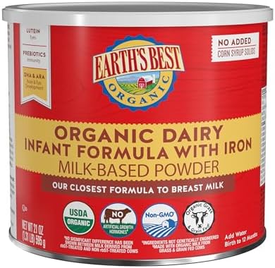 Earth's Best Organic Dairy Infant Formula for Babies 0-12 Months, Milk-Based Powder Formula with Iron, Omega-3 DHA, and Omega-6 ARA, 21 Ounce Container