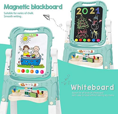 Easel for Kids,Rotatable Double Sided Easel for Kids Adjustable Standing Art Easel with Painting Accessories for Toddlers Boys and Girls-Green