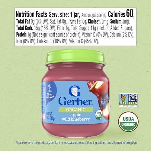 Gerber Stage 2 Baby Food, Organic Apple Wild Blueberry Jar, Fruit Puree, Vitamin C, Non-GMO, Baby Food Fruit, Puree Jars Glass, 10-pack