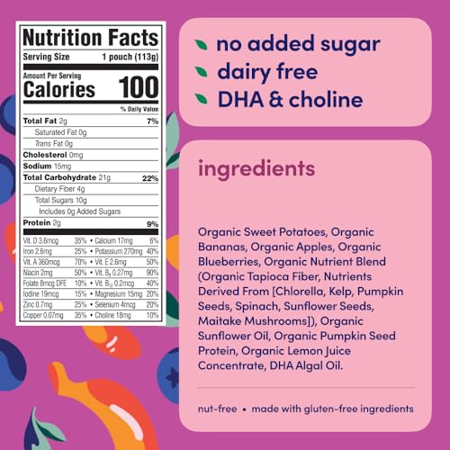 Cerebelly Organic Baby Food Pouches – Dairy Free Smoothies for Toddlers | No Added Sugar, Fiber, Non-GMO | Toddler Smoothie Pouches | 4oz BPA-Free Baby Food | Sweet Potato Banana Blueberry | 6 Count
