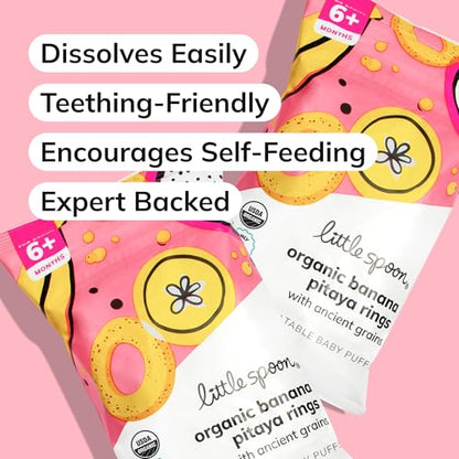 Little Spoon Banana Pitaya Meltable Baby Puffs, Organic Corn Quinoa Sorghum, No Rice, No Added Sugar Snacks, Encourages Self-Feeding, 1 Oz Bag, 4 Pack