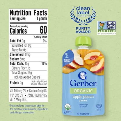 Gerber Stage 2 Baby Food, Organic Apple Peach Puree Pouch, 2 Servings of Fruit, No Added Sweetener, No Artificial Colors or Flavors, 12-Pack