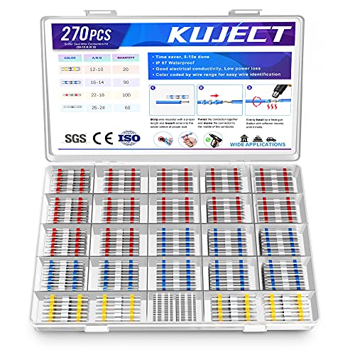 Kuject 270PCS Solder Seal Wire Connectors, Self-Solder Heat Shrink Butt Connector Waterproof Insulated Electrical Butt Splice Wire Terminals for Marine Automotive Boat Truck Stereo Wire Joint