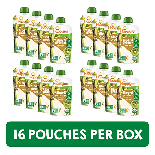 Happy Tot Organics Stage 4 Baby Food Pouches, Gluten Free, Vegan Snack, Fiber & Protein Fruit & Veggie Puree, Pears, Kiwi & Kale, 4 Ounce (Pack of 16)