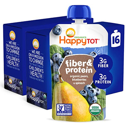 Happy Tot Organics Stage 4 Baby Food Pouches, Gluten Free, Vegan Snack, Fiber & Protein Fruit & Veggie Puree, Pears, Blueberries & Spinach, 4 Ounce (Pack of 16)