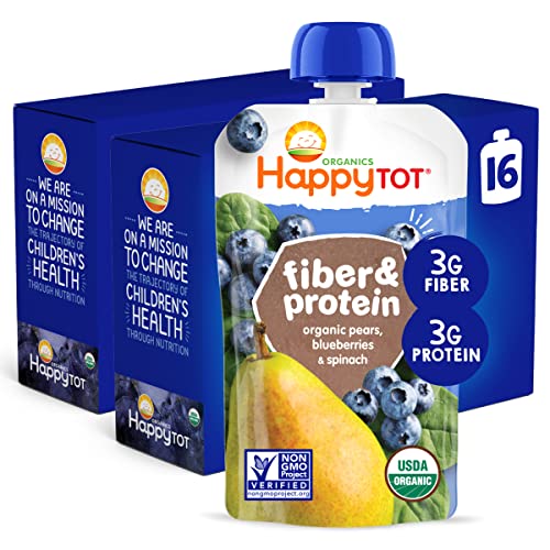 Happy Tot Organics Stage 4 Baby Food Pouches, Gluten Free, Vegan Snack, Fiber & Protein Fruit & Veggie Puree, Pears, Blueberries & Spinach, 4 Ounce (Pack of 16)