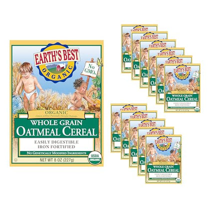 Earth's Best Organic Baby Food, Organic Whole Grain Oatmeal Baby Cereal, Non-GMO, Easily Digestible and Iron Fortified Baby Food, 8 oz Box (Pack of 12)