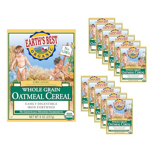 Earth's Best Organic Baby Food, Organic Whole Grain Oatmeal Baby Cereal, Non-GMO, Easily Digestible and Iron Fortified Baby Food, 8 oz Box (Pack of 12)
