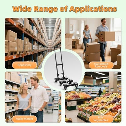 Folding Hand Truck 600lbs, Portable Heavy Duty Dolly Cart, 6 Wheels Collapsible Luggage Cart with 2 Elastic Ropes - Compact Trolley Cart for Easy Moving - Ideal Hand Cart for Travel and More