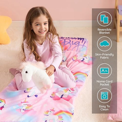 JOIEDOMI Toddler Nap Mat for Preschool 55''x30'' Sleeping Mat with Removable Pillow and Minky Blanket for Kids Ages 3-7 Roll Up Soft Kids Sleeping Bag for Boys Girls Kindergarten Daycare Sleepover