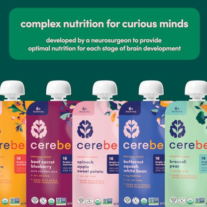 Cerebelly Organic Baby Food Pouches – Organic Veggie Purees for Toddlers | No Added Sugar, Fiber, Non-GMO | Blended Toddler Food | 4oz BPA-Free Baby Food | Kale Sweet Potato Apple | 12 Count