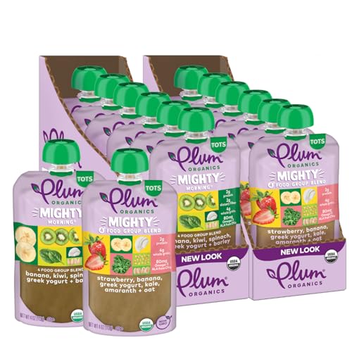 Plum Organics Stage 4 Organic Toddler Food Bundle - Strawberry, Banana, Greek Yogurt, Kale, Amaranth, and Oat 4 oz Pouch + Banana, Kiwi, Spinach, Greek Yogurt, and Barley - 4 oz Pouch (Pack of 6)