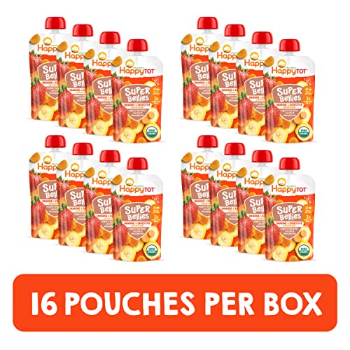 Happy Tot Organics Stage 4 Baby Food Pouches, Gluten Free, Vegan Snack, Super Bellies, Fruit & Veggie Puree, Banana, Carrot & Strawberry 4 Ounce (Pack of 16)