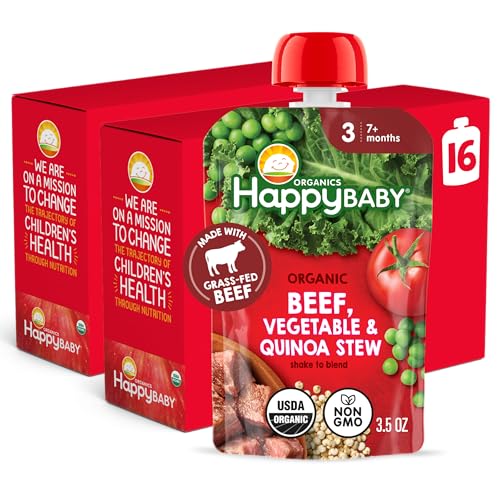 Happy Baby Organics Savory Blends Stage 3 Baby Food Puree, Grass Fed Beef, Market Vegetables & Quinoa Stew, 3.5 Ounce (Pack of 16)