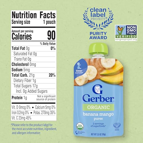 Gerber Stage 2 Baby Food, Organic Banana Mango Puree Pouch, 2 Servings of Fruit, No Added Sweetener, No Artificial Colors or Flavors, 12-Pack