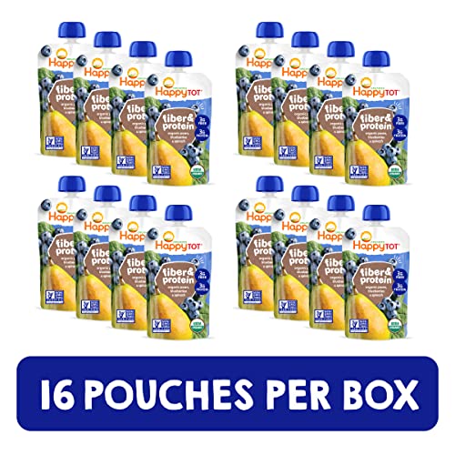 Happy Tot Organics Stage 4 Baby Food Pouches, Gluten Free, Vegan Snack, Fiber & Protein Fruit & Veggie Puree, Pears, Blueberries & Spinach, 4 Ounce (Pack of 16)