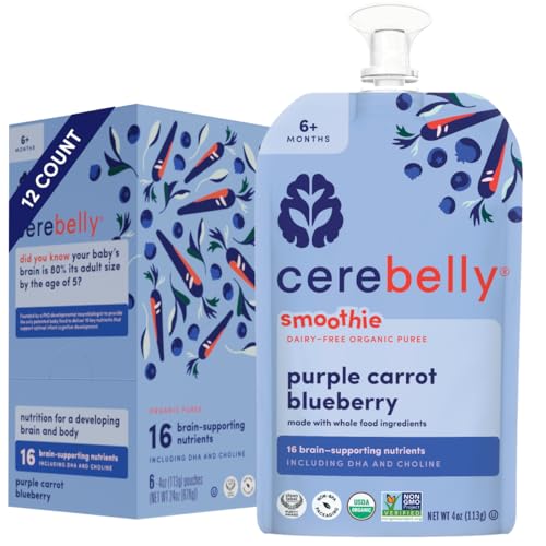Cerebelly Baby Food Pouches – Organic Dairy Free Smoothies for Toddlers | No Added Sugar, Fiber, Non-GMO | Baby Smoothie Pouches | 4 Ounce BPA-Free Pouch | Purple Carrot Blueberry Smoothie | 12 Count