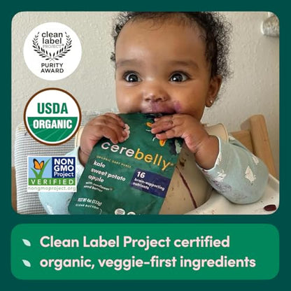 Cerebelly Organic Baby Food Pouches – Organic Veggie Purees for Toddlers | No Added Sugar, Fiber, Non-GMO | Blended Toddler Food | 4oz BPA-Free Baby Food | Kale Sweet Potato Apple | 12 Count
