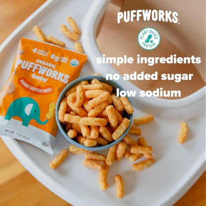 Puffworks Baby Organic Almond Butter Puffs, with Peanut Butter, Plant Protein, USDA Organic, Gluten-Free, Vegan, Non-GMO, Kosher, 1.0 Ounce (Pack of 6)