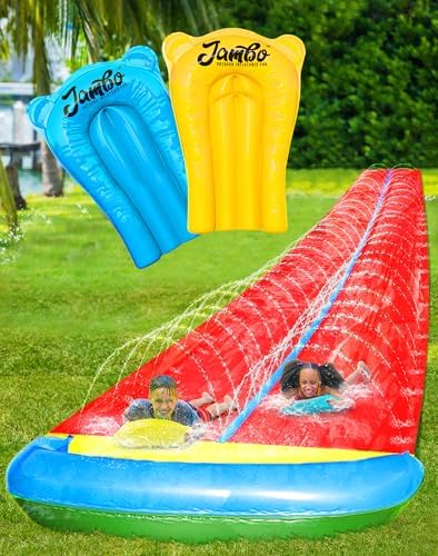 JAMBO 31.5Ft Extra Long Water Slide and 2 Bodyboards, Heavy Duty Slip Splash and Slide with Inflatable Crash Pad, Summer Water Toy Sprinkler, Backyard Outdoor Water Fun n Toys for Kids, Splash Mat
