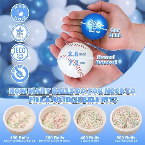 GOGOSO Ball Pit Balls for Toddler, Baby Plastic Playballs Kids Soft Pastel Pelotas Non-Toxic BPA-Free Pearl Blue+Light Blue+White 100 Balls