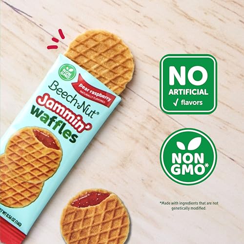 Beech-Nut Toddler Snacks Jammin' Waffles with Fruit Filling for Babies & Toddlers, Pear Raspberry, 10 Boxes (50 Individually Wrapped Packs)