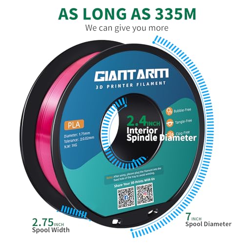GIANTARM 3D Printer PLA Filament, Shiny Silk Rose Pink Magenta Toughness Enhanced Filament with 1.75mm Dimensional Accuracy +/-0.03mm, 1080 Feet per Roll, Vacuum Packaging, for Most 3D FDM Printer