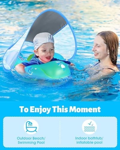 LAYCOL Baby Swimming Float Inflatable Baby Pool Float Ring with Sun Protection Canopy,add Tail no flip Over for Age of 3-36 Months