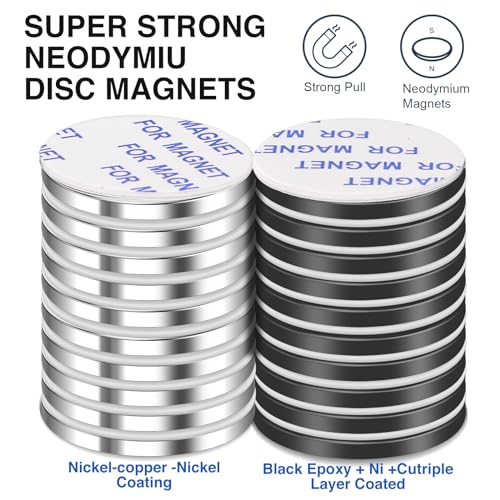 LOVIMAG Strong Rare Earth Neodymium Magnets, Powerful Disc Magnets with Double-Sided Adhesive, Heavy Duty for Fridge, Office, Science, DIY - 1.26in x 1/8in, Pack of 20 (10 Black, 10 Silver)