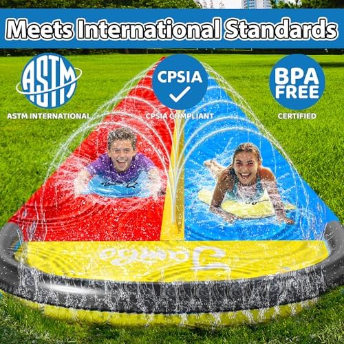 JAMBO 22.5ft Double Lane Slip Splash and Slide with 2 Bodyboards with Built in Sprinkler for Backyard Outdoor Water Fun for Kids