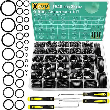 1540 Pcs 32 Size O-Rings Kit Nitrile Rubber O Ring Assortment with 4 Hook Set for Various Car Auto Vehicle Repair Plumbing Pressure Washer Air or Gas Sealing Connections Resist Oil and Heat