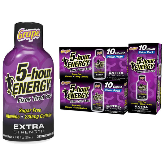 5-hour ENERGY Extra Strength Energy Shot, Grape Flavor, 30 Count, 1.93 oz., Zero Calories & Sugar-Free 230 mg Caffeinated Energy Shot, Amino Acids & B Vitamins, Dietary Supplements