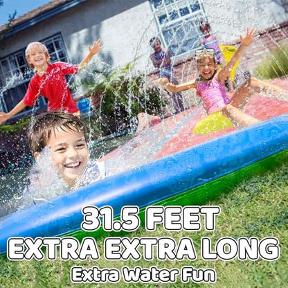 JAMBO 31.5Ft Extra Long Water Slide and 2 Bodyboards, Heavy Duty Slip Splash and Slide with Inflatable Crash Pad, Summer Water Toy Sprinkler, Backyard Outdoor Water Fun n Toys for Kids, Splash Mat