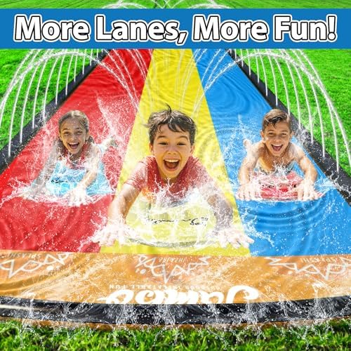 JAMBO Premium Triple Water Slide and 3 Bodyboards, Updated Model Slip Splash and Slide Heavy Duty Water Slides- 3-Way Sprinkler System, Splash Mat Pad, Backyard Outdoor Water Toys n Slides for Kids