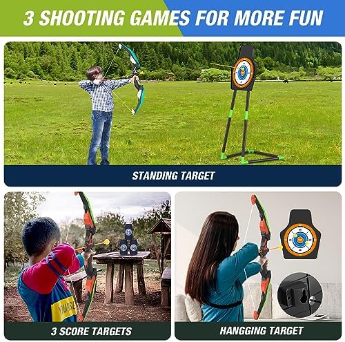 2 Pack Bow and Arrow for Kids, LED Light Up Archery Set with 24 Suction Cup Arrows, 1 Standing Target, 6 Score Targets & 2 Quiver, Indoor Outdoor Sport Gifts for Boys Girls Ages 4-8