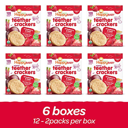 Happy Baby Organics Baby Snacks, Gentle Teething Crackers, Gluten Free & Vegan, Strawberry & Beet, 12 Count (Pack of 6)