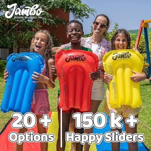 JAMBO 22.5ft Triple Lane Slip Splash and Slide with 3 Bodyboards with Built in Surround Sprinkler for Backyard Outdoor Water Fun for Kids