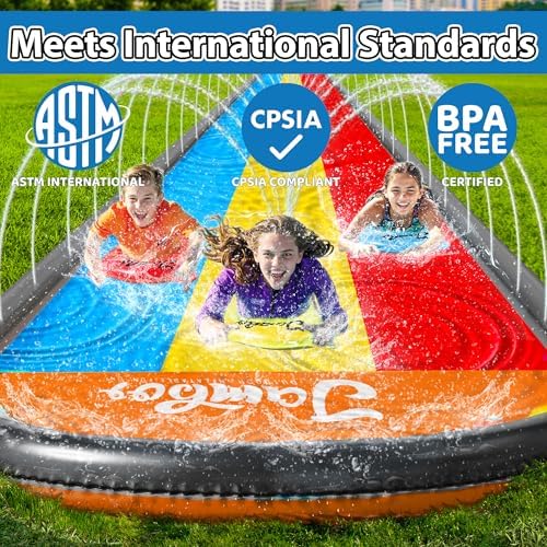 JAMBO 22.5ft Triple Lane Slip Splash and Slide with 3 Bodyboards with Built in Surround Sprinkler for Backyard Outdoor Water Fun for Kids