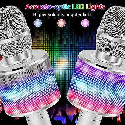Amazmic Kids Karaoke Microphone Machine Toy Bluetooth Microphone Portable Wireless Karaoke Machine Handheld with LED Lights, Gift for Children Adults Birthday Party, Home KTV(Silver)