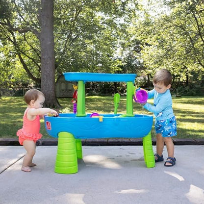 Step2 Rain Showers Splash Pond Water Table with Cover, Kids Water and Sand Activity Sensory Playset, Summer Outdoor Toys, 13-Piece Water Toy Accessories, for Toddlers 1.5+ Years Old, Blue & Green