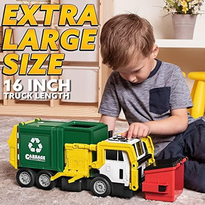 JOYIN Large Friction Powered Garbage Truck Toy Set, Includes Dumpster, Trash Bins, and Learning Cards for Kids, Boy Toys Birthday Gift for Boys Girls Kids Toddler