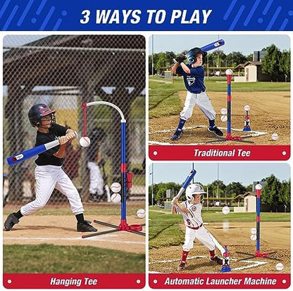 3-in-1 Baseball Set for Kids 3-5 - Tee Ball Stand, Hanging Tee, Ball Launcher and 6 Softballs - Adjustable Height, Indoor/Outdoor Sport Gifts for Boys, Blue