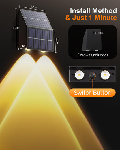Super Long Lasting Solar Fence Lights, Dual Solar Panels, Better for Winter and Rainy Days, Outdoor Waterproof, High Brightness Solar Lights for Stair,Step,Yard,Patio,Backyard,Wall (8 Pack)
